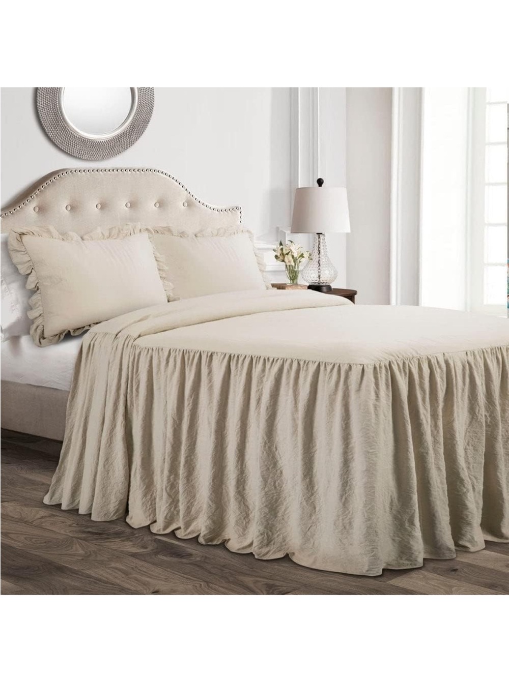 Neutral Queen Bedspread Floor Length Ruffled Farmhouse Bed Skirt Look